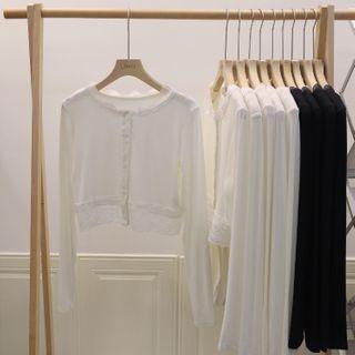 Long-sleeve Lace Trim Button-up T-shirt