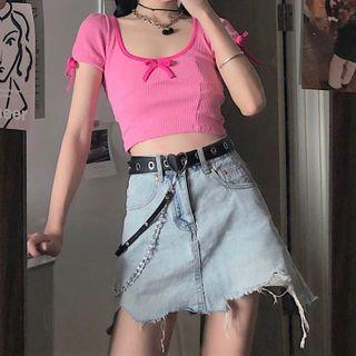 Short-sleeve Crop Top / Distressed A-line Denim Mini Skirt