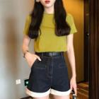 Set: Short-sleeve T-shirt + High-waist Denim Shorts