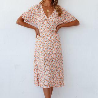 Short Sleeve V-neck Floral Print Long Dress
