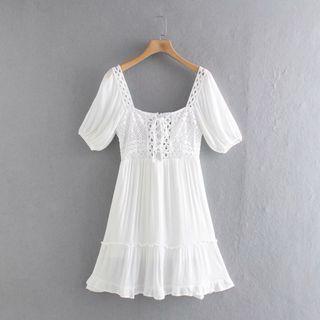 Square-neck Lace Panel Mini A-line Dress