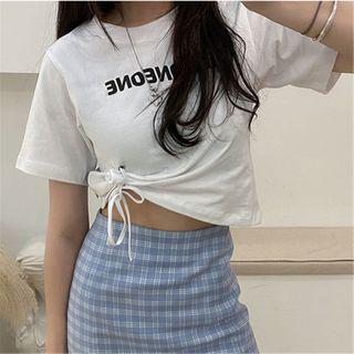 Lettering Drawstring Short-sleeve T-shirt As Shown In Figure - One Size