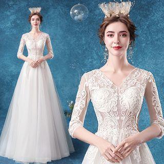 Elbow-sleeve Lace Panel A-line Wedding Gown