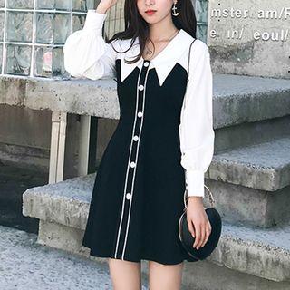 Long-sleeve Two-tone Mini A-line Shirtdress