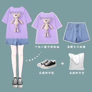 Short-sleeve Plush Bear T-shirt / Denim Shorts