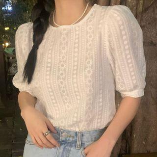 Patterned Puff Sleeve Top White - One Size