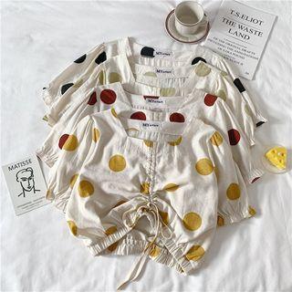 Short-sleeve Polka Dot Drawstring Front Top