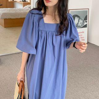 Elbow-sleeve Plain Midi Shift Dress