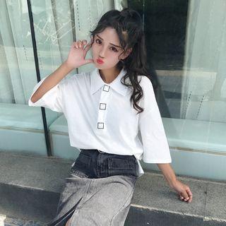 3/4 Sleeve Square Print Polo Shirt