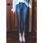 Faux-pearl Trim Fringed Skinny Jeans