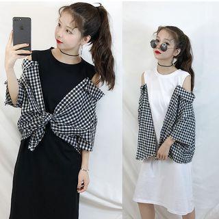 Mock Two-piece Elbow-sleeve Plaid Panel Dress