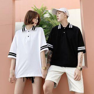 Couple Matching 3/4-sleeve Striped Trim Polo Shirt