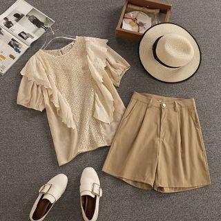 Set: Puff-sleeve Ruffled Paneled Blouse + Shorts