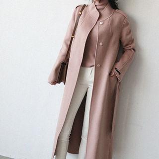 Stand-collar Snap-button Wool Blend Long Coat