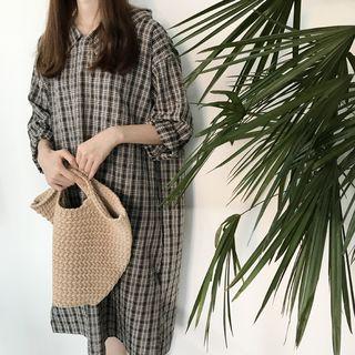 Long-sleeve Plaid Midi Collar Dress