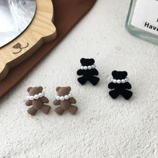 Faux Pearl Flocking Bear Earring 1 Pair - Black - One Size
