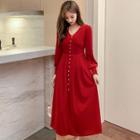 Long-sleeve Button Midi A-line Velvet Dress