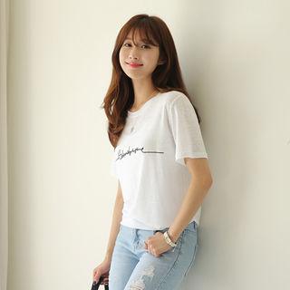 Short-sleeve Lettering Linen Blend T-shirt