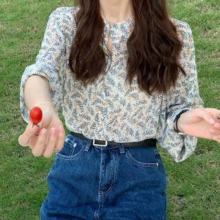 Floral Print Balloon-sleeve Blouse As Shown In Figure - One Size
