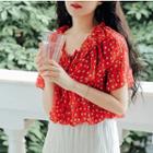 Short-sleeve Ruffled Patterned Chiffon Top