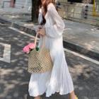 Set: Long-sleeve Midi Crinkle Chiffon Dress + Slipdress Long - White - One Size