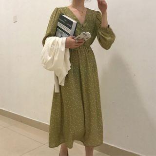 Flower Print Long-sleeve Midi A-line Dress Green - One Size