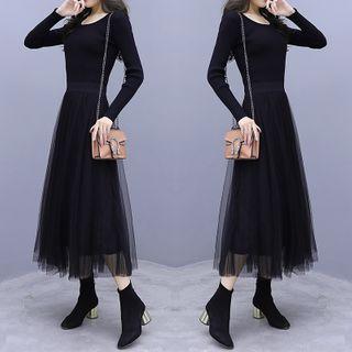 Long-sleeve Mesh Knit A-line Midi Dress