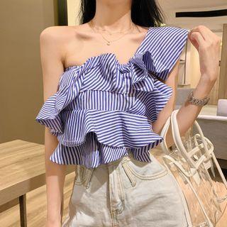 Striped Ruffled One-shoulder Sleeveless Cropped Top Stripe - Blue - One Size