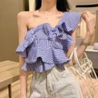 Striped Ruffled One-shoulder Sleeveless Cropped Top Stripe - Blue - One Size
