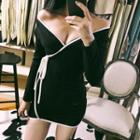 Long-sleeve Contrast-trim Waist-tied Dress