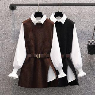 Set: Lantern-sleeve Shirt + Sweater Vest + Belt