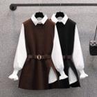 Set: Lantern-sleeve Shirt + Sweater Vest + Belt
