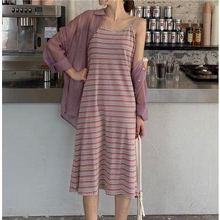 Spaghetti-strap Striped Slipdress / Loose-fit Sheer Shirt