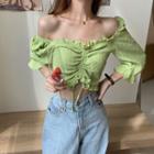 Puff-sleeve Frill Trim Drawstring Cropped Top Avocado - One Size