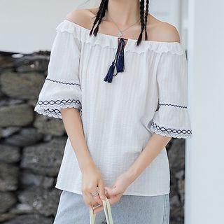 Elbow-sleeve Tie Neck Blouse White - One Size