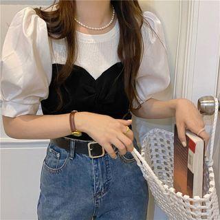 Mock Two-piece Short-sleeve Two-tone Blouse