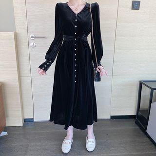 Long-sleeve V-neck Velvet Midi Dress