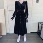 Long-sleeve V-neck Velvet Midi Dress