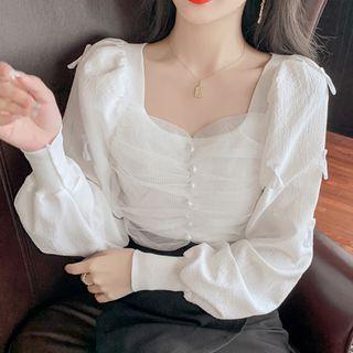 Lantern-sleeve Square-neck Mesh Overlay Knit Top