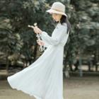 Long-sleeve Floral Embroidered Midi A-line Chiffon Dress