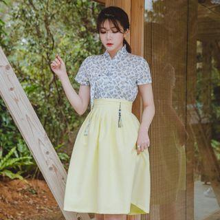 Short-sleeve Midi Skirt Hanbok Set (floral / Lime Yellow)