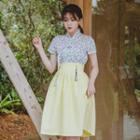 Short-sleeve Midi Skirt Hanbok Set (floral / Lime Yellow)