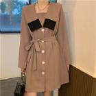 Long-sleeve Two-tone Button-up A-line Dress