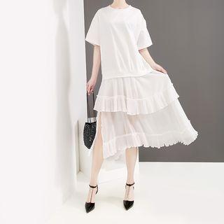 Chiffon Panel Short-sleeve Midi Dress