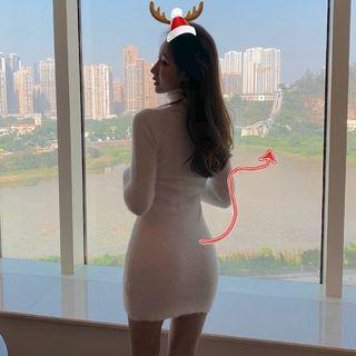 Long-sleeve Mini Knit Sheath Dress White - One Size