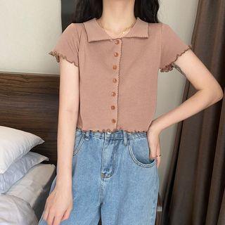 Short-sleeve Lettuce Edge Crop Polo Knit Top