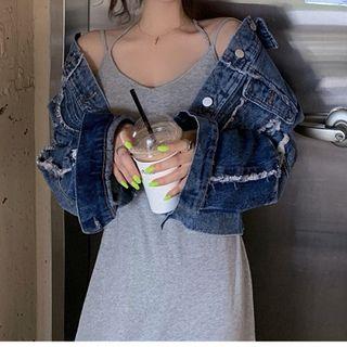 Ripped Denim Jacket / Strappy Midi A-line Drss