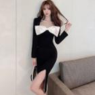 Long-sleeve Square-neck Bow Side-slit Dress