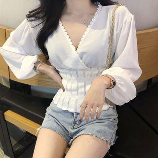Lantern-sleeve Lace Trim Chiffon Blouse