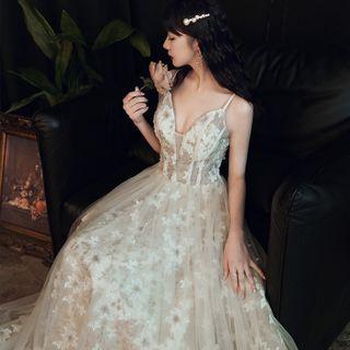 Spaghetti-strap V-neck Embroidered A-line Evening Gown